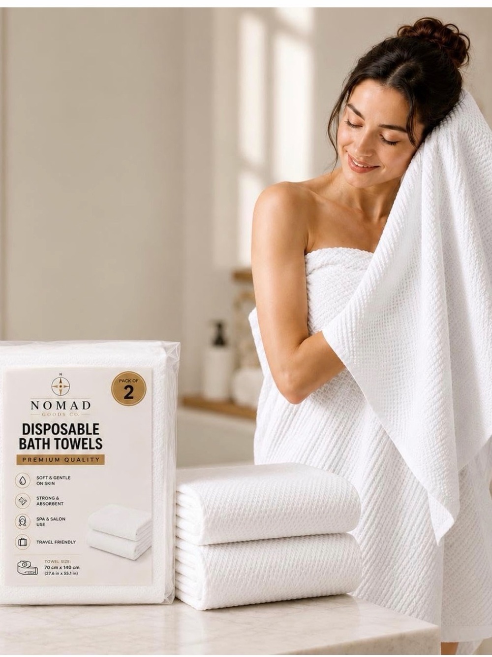 Disposable Bath Towels 2 Pack White Non-Woven Biodegradable Hotel Spa Travel